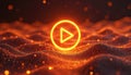 Glowing orange play button icon appears over abstract waves of data particles. Digital media interface concept for online Royalty Free Stock Photo
