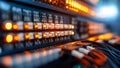Glowing orange server rack lights illuminate network cables and connections in a modern data center, showcasing advanced