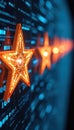 Glowing orange stars in a line against a dark digital background with blue binary code. Futuristic technology, data analysis, and Royalty Free Stock Photo