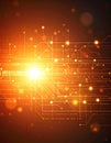 A glowing orange tech-themed background featuring a circuit board layout, binary code, and bokeh. It suggests data processing, and Royalty Free Stock Photo