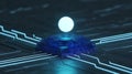 Glowing Orb Above Futuristic Blue Crystal Processor With Neon Circuitry technology image Royalty Free Stock Photo