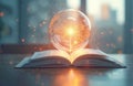 Glowing orb containing bright light emanates from open book pages. Knowledge transfer concept idea creation, inspiration, Royalty Free Stock Photo