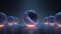 Glowing orbs with intricate internal light patterns float above a dark reflective surface creating a futuristic abstract science Royalty Free Stock Photo