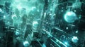 Glowing orbs moving through a sleek hightech city encapsulating the digital currency flow within its boundaries