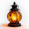 Glowing Ornamental Lantern with Intricate Ironwork Details on White Background Royalty Free Stock Photo