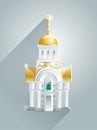 Glowing orthodox churches with long shadow. Golden dome and cross. Royalty Free Stock Photo