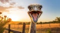 Glowing Ostrich Smiling On Fence At Sunset