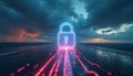 Glowing padlock with circuit pattern data security, cloud computing, digital protection. Padlock floats above road reflecting Royalty Free Stock Photo