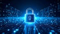 Glowing padlock with data streams, representing cybersecurity and digital protection in a futuristic setting. Royalty Free Stock Photo