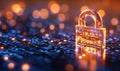 A glowing padlock on a digital circuit board, symbolizing cybersecurity and data protection in a technology-driven world