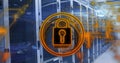 Glowing padlock icon showing data security in server room, with network cables and digital lines Royalty Free Stock Photo