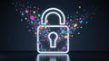 Glowing padlock icon unlocking a burst of colorful data particles Royalty Free Stock Photo