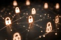 Glowing padlock icons connected by digital lines representing secure network protection and advanced cybersecurity technology in a Royalty Free Stock Photo