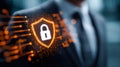 Digital security concept with illuminated lock icon on a shield in a business environment Royalty Free Stock Photo