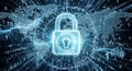Glowing padlock symbolizing cyber security over a digital world map with binary code, representing data protection and network Royalty Free Stock Photo
