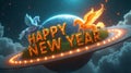 Happy New Year 3D Galaxy Typography with Glowing Pegasus over Planet Rings Royalty Free Stock Photo