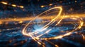 A glowing particle in a circular path through an abstract quantum realm with light trails and waves
