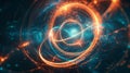 Glowing particle in a circular path through a dark quantum realm with light trails and waves