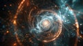 A glowing particle in a circular path through a dark quantum realm with light trails and waves