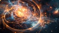 Glowing particle in a circular path through a dark quantum realm with light trails and waves