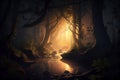 Glowing path in a fabulous night forest. AI generated