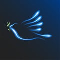 Glowing Peace dove on blue background. Neon bird. International Peace Day. Anti-war movement, pacifism. Vector