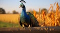 Glowing Peacock Perched On Fence In Backlit Photography