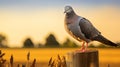 Glowing Pigeon On Stump: Romanticized Nature In Light Magenta And Gold