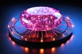 glowing pink artificial intelligence in the form of a cyber brain with backlight on the sides and wired connections,