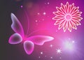Glowing pink background with magic butterflies.Transparent butterfly and glowing flower.
