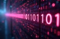 Glowing pink binary code data streams across dark screen. Abstract digital background shows computer numbers, information flow, Royalty Free Stock Photo