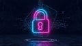 Neon padlock icon with circuit board elements on a dark digital background security Royalty Free Stock Photo