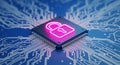 Glowing pink cloud computing symbol on advanced microprocessor chip with circuit board design elements Royalty Free Stock Photo
