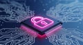 Glowing pink cloud computing symbol on advanced microprocessor chip with digital circuit board design elements Royalty Free Stock Photo