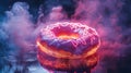 Glowing Pink Donut in Blue Smoke, Digital Art Royalty Free Stock Photo