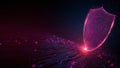 Glowing pink shield with fingerprint secures digital circuits on dark background Royalty Free Stock Photo