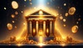 A glowing, pixelated bank building with four columns and the word \