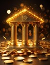 A glowing, pixelated bank building with four columns and the word \