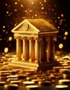 A glowing, pixelated bank building with four columns and the word BANK on top. Generative AI