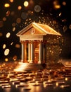 A glowing, pixelated bank building with four columns and the word \