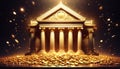 A glowing, pixelated bank building with four columns and the word \