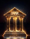 A glowing, pixelated bank building with four columns and the word BANK on top. Generative AI