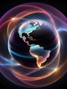 Glowing planet Earth with glowing lines on dark background. Royalty Free Stock Photo