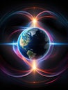 Glowing planet Earth with glowing lines on dark background. Royalty Free Stock Photo