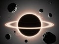 Glowing planet with fiery rings and surrounding asteroids. Royalty Free Stock Photo
