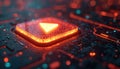 Glowing play button on circuit board. Digital interface with orange light. Media tech background for video streaming or Royalty Free Stock Photo