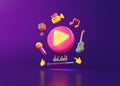 Glowing play button. Video shooting DJ live streaming broadcast of Blogger or Vlog with social media guitar speaker microphone.