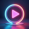 Glowing play icon concept for streaming platforms. Neon illuminated button for media player app. Cyberspace interface with 3d Royalty Free Stock Photo