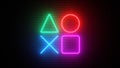 Glowing playstation buttons icon. Neon sign on a brick wall. Abstract background, spectrum vibrant colors. 3d render illustration