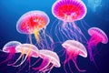 Glowing poison jellyfish floating in underwater ocean or sea. Exotic aquarium medusa creature with energy neon glowing